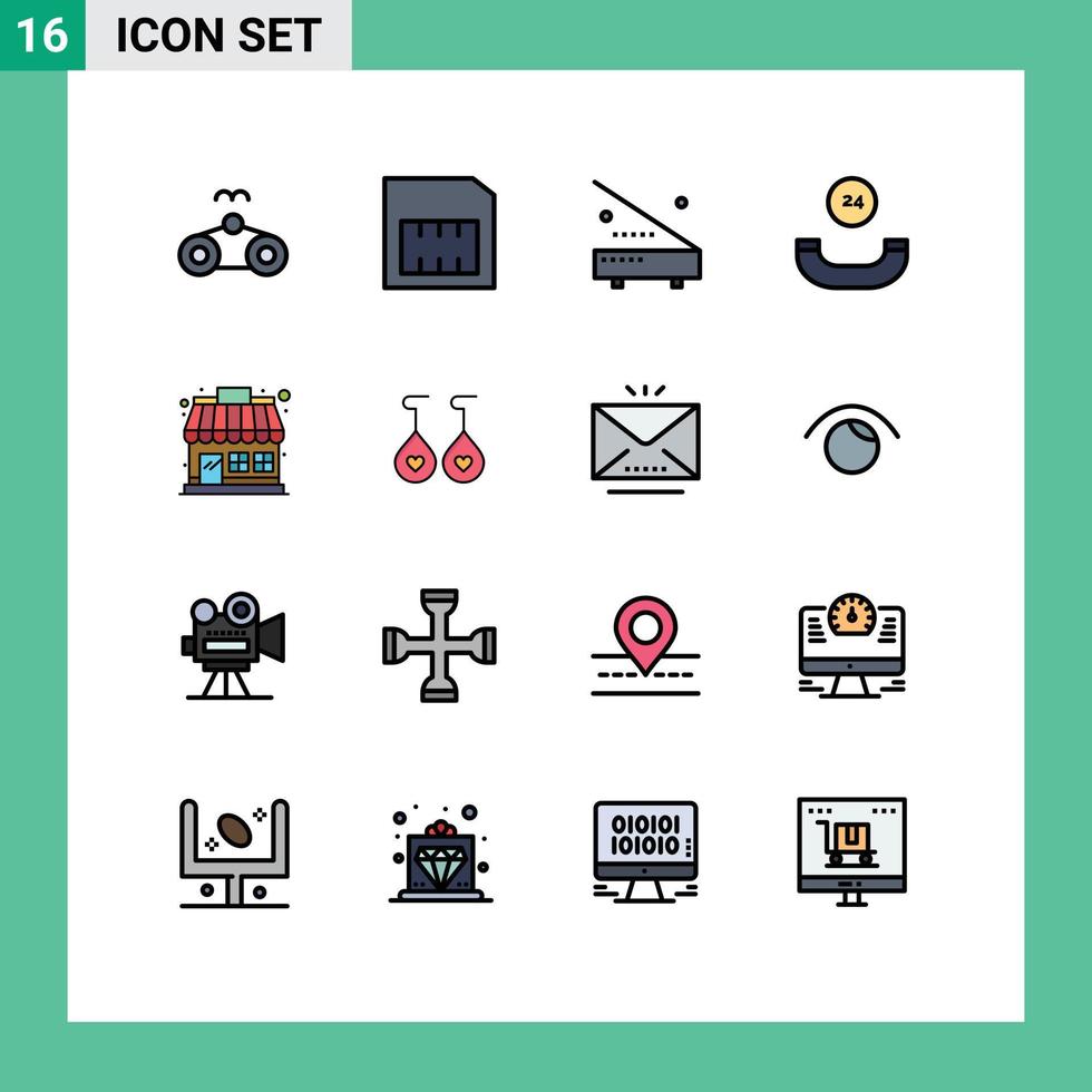 Modern Set of 16 Flat Color Filled Lines and symbols such as shop market electric support all time Editable Creative Vector Design Elements