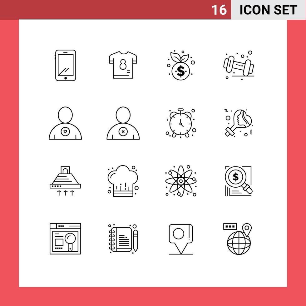 conjunto de 16 iconos modernos de la interfaz de usuario símbolos signos para el crecimiento de la dieta de la camisa con mancuernas del gimnasio elementos de diseño vectorial editables vector