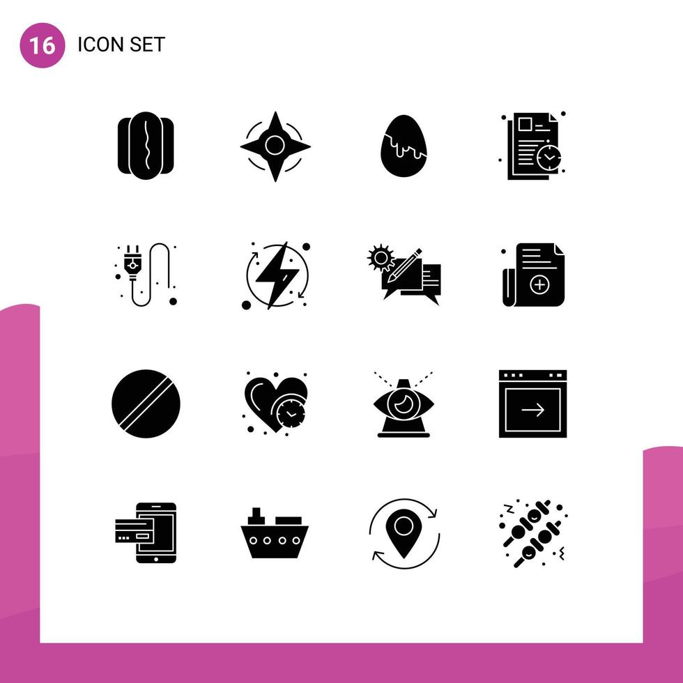 Group of 16 Modern Solid Glyphs Set for charge plug easter egg electric study Editable Vector Design Elements