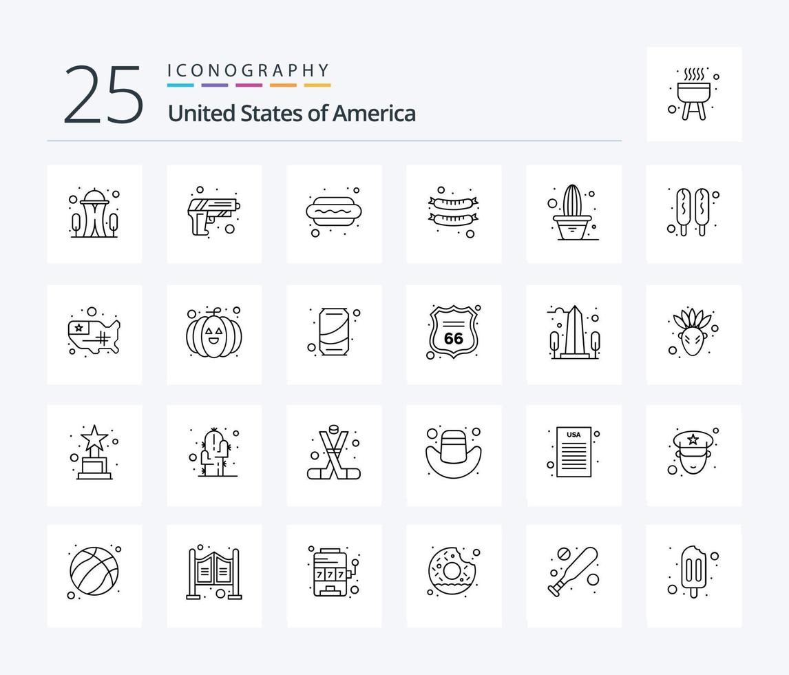 paquete de iconos de 25 líneas de estados unidos, incluida la planta. cactus. Hot dog. embutido. alimento vector