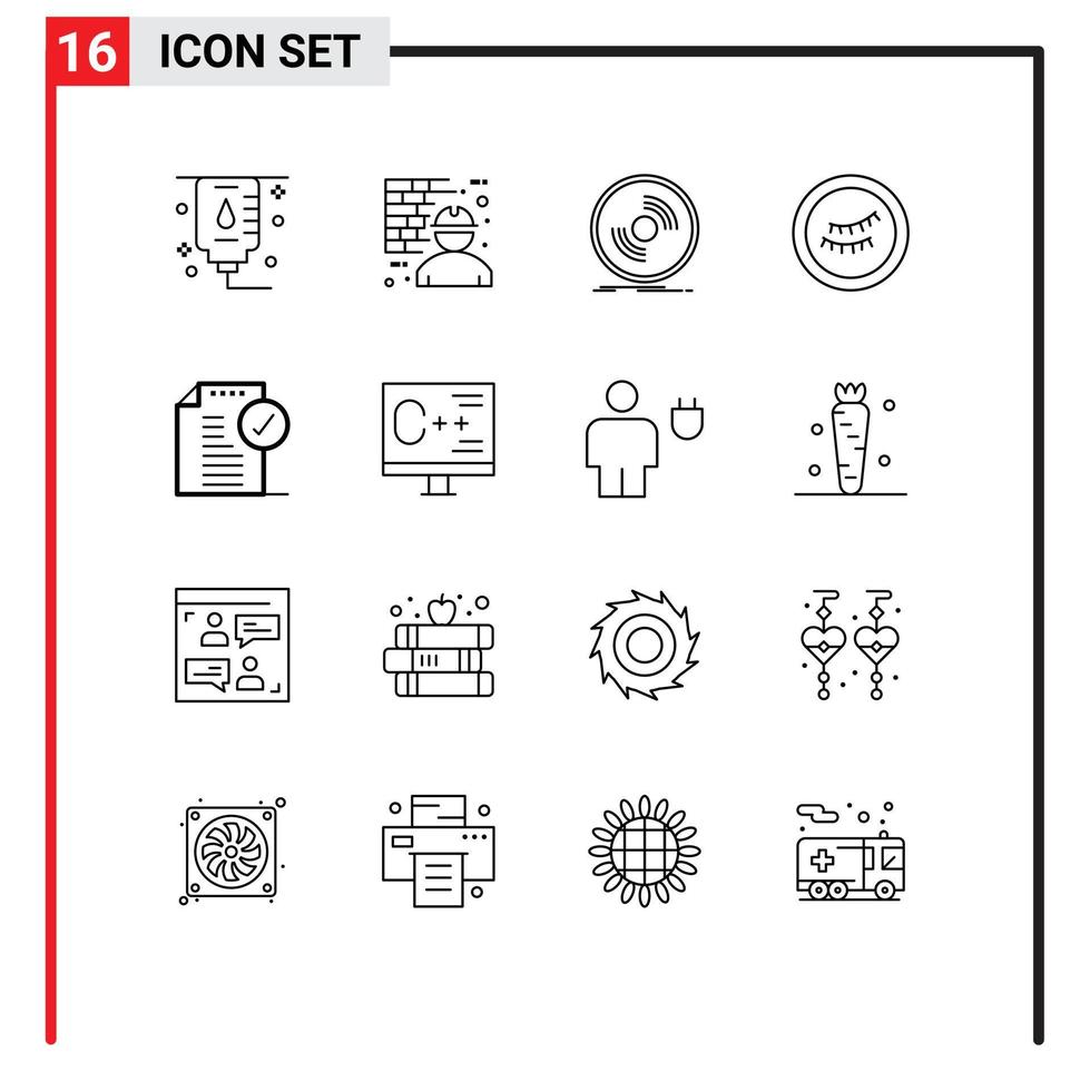 16 User Interface Outline Pack of modern Signs and Symbols of document approve disc sleep vinyl Editable Vector Design Elements