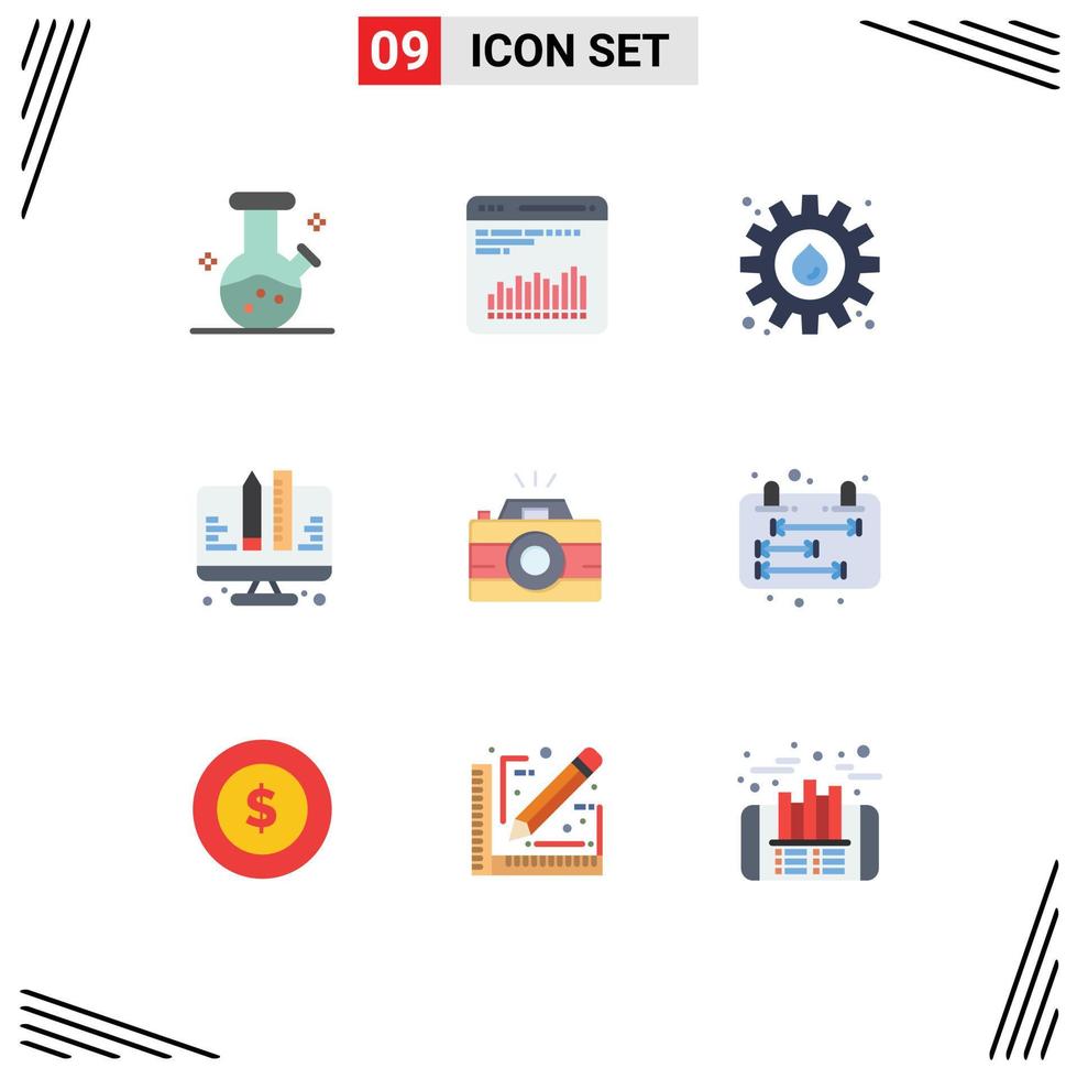 User Interface Pack of 9 Basic Flat Colors of photo camera gear web development Editable Vector Design Elements