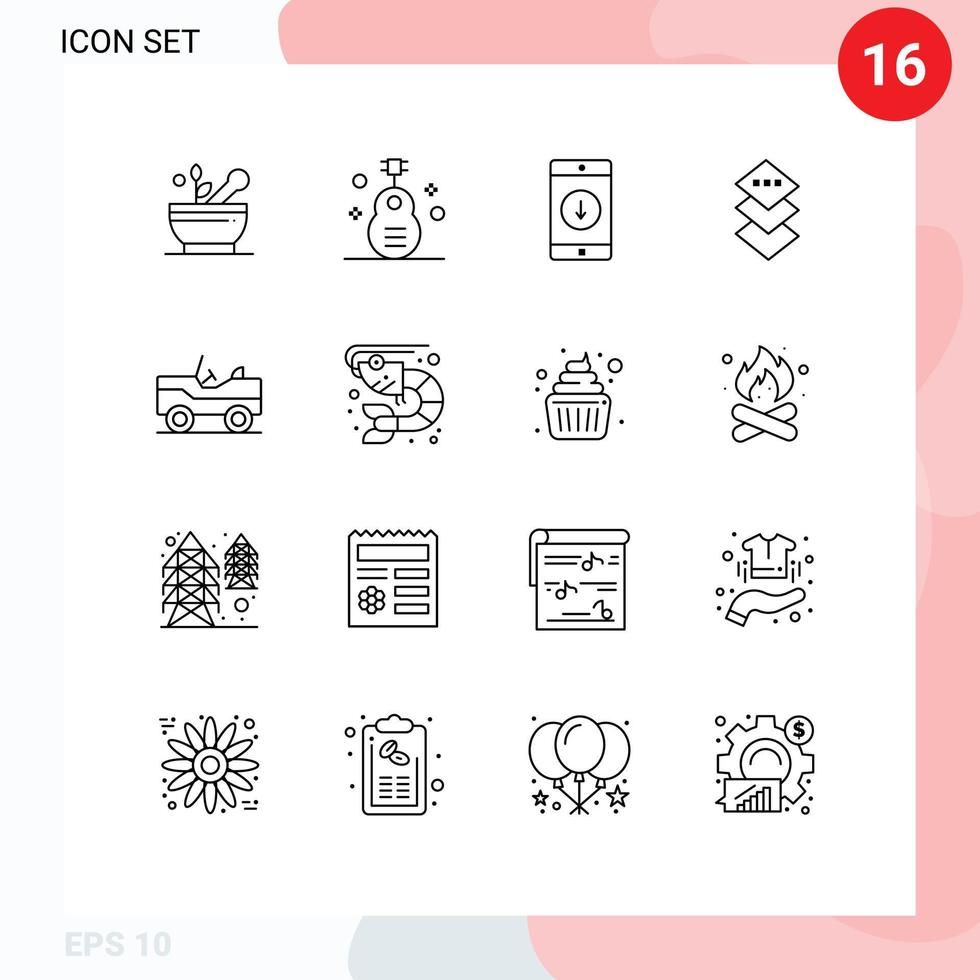 Group of 16 Outlines Signs and Symbols for military plane music design down Editable Vector Design Elements