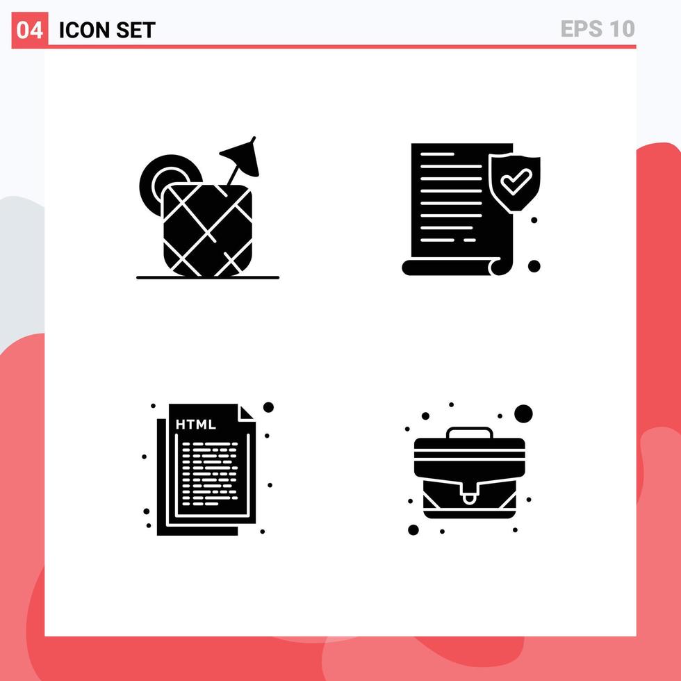 conjunto moderno de 4 pictogramas de glifos sólidos de piña html política de bebidas elementos de diseño de vectores editables web