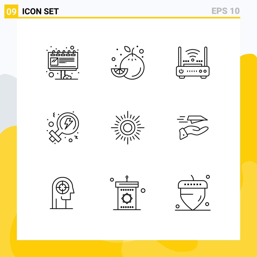Pack of 9 Modern Outlines Signs and Symbols for Web Print Media such as weather sun wifi women feminism Editable Vector Design Elements