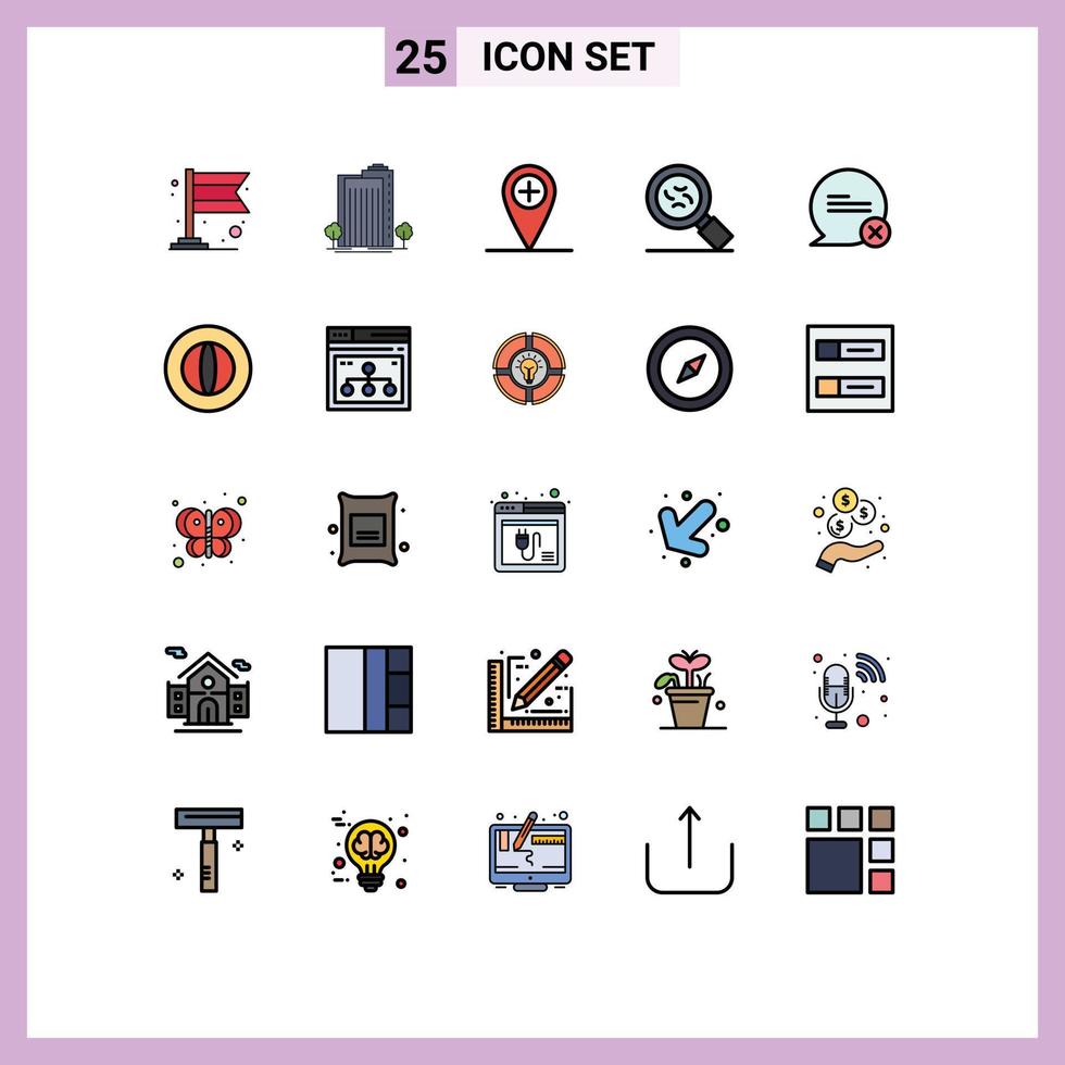 Group of 25 Modern Filled line Flat Colors Set for interaction communication add chat germs Editable Vector Design Elements