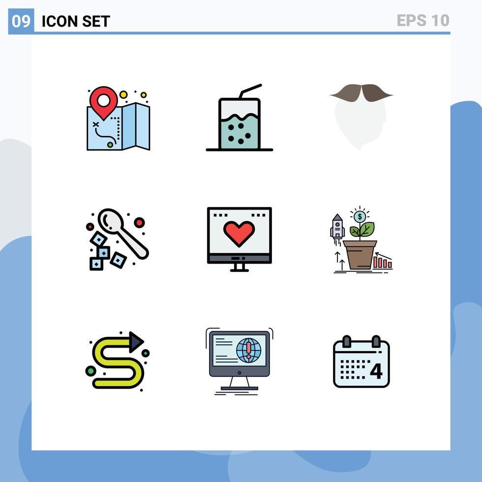 9 User Interface Filledline Flat Color Pack of modern Signs and Symbols of like favorite movember spoon coffee Editable Vector Design Elements
