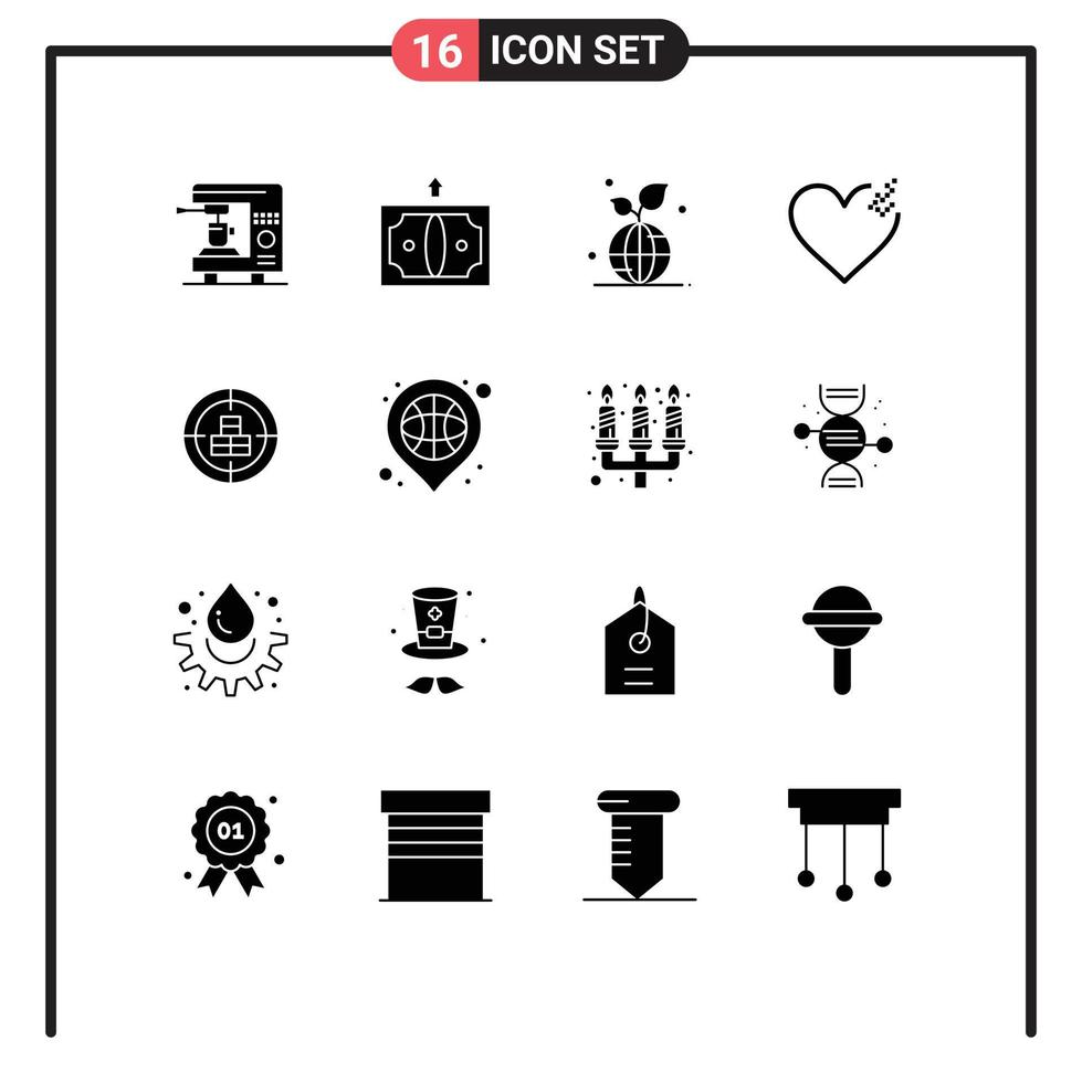 Set of 16 Modern UI Icons Symbols Signs for crosshair love earth broken world Editable Vector Design Elements