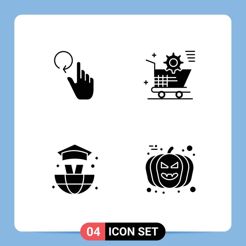 Modern Set of 4 Solid Glyphs Pictograph of hand world reload setting graduation Editable Vector Design Elements