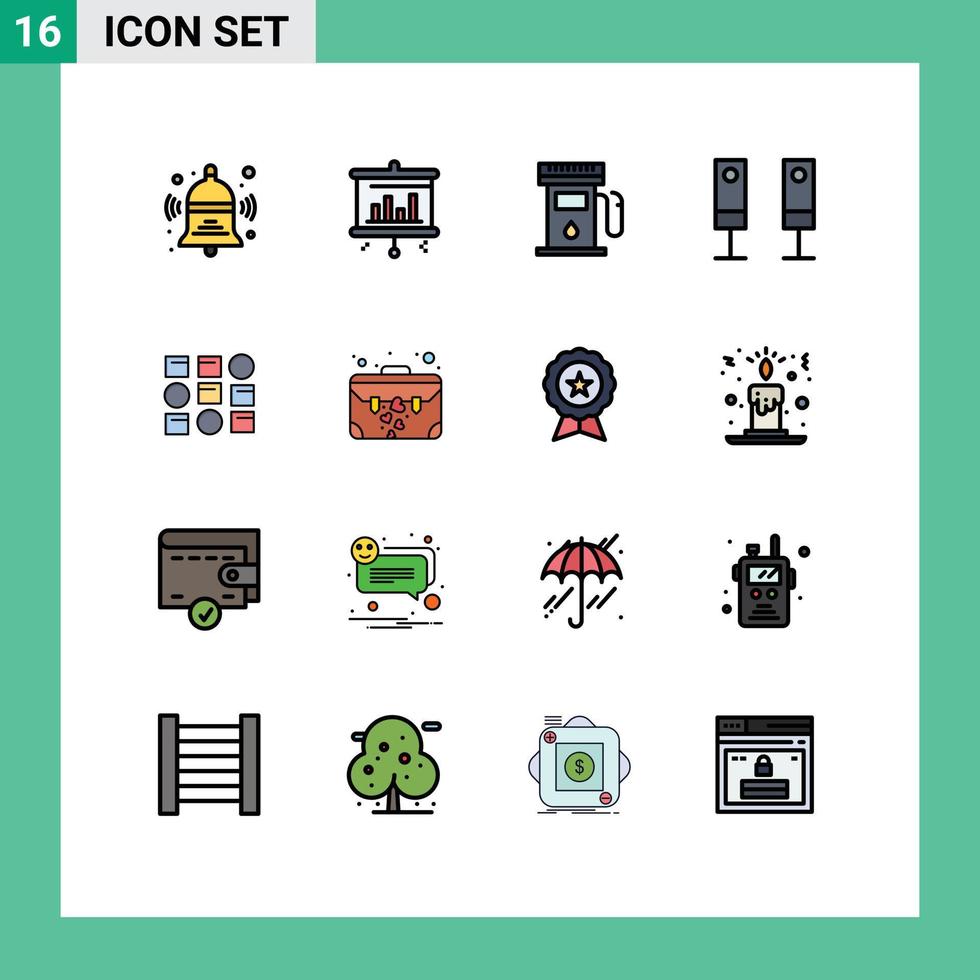conjunto de pictogramas de 16 líneas simples llenas de color plano de datos scince pattren sistema de gasolinera elementos de diseño de vectores creativos editables eléctricos