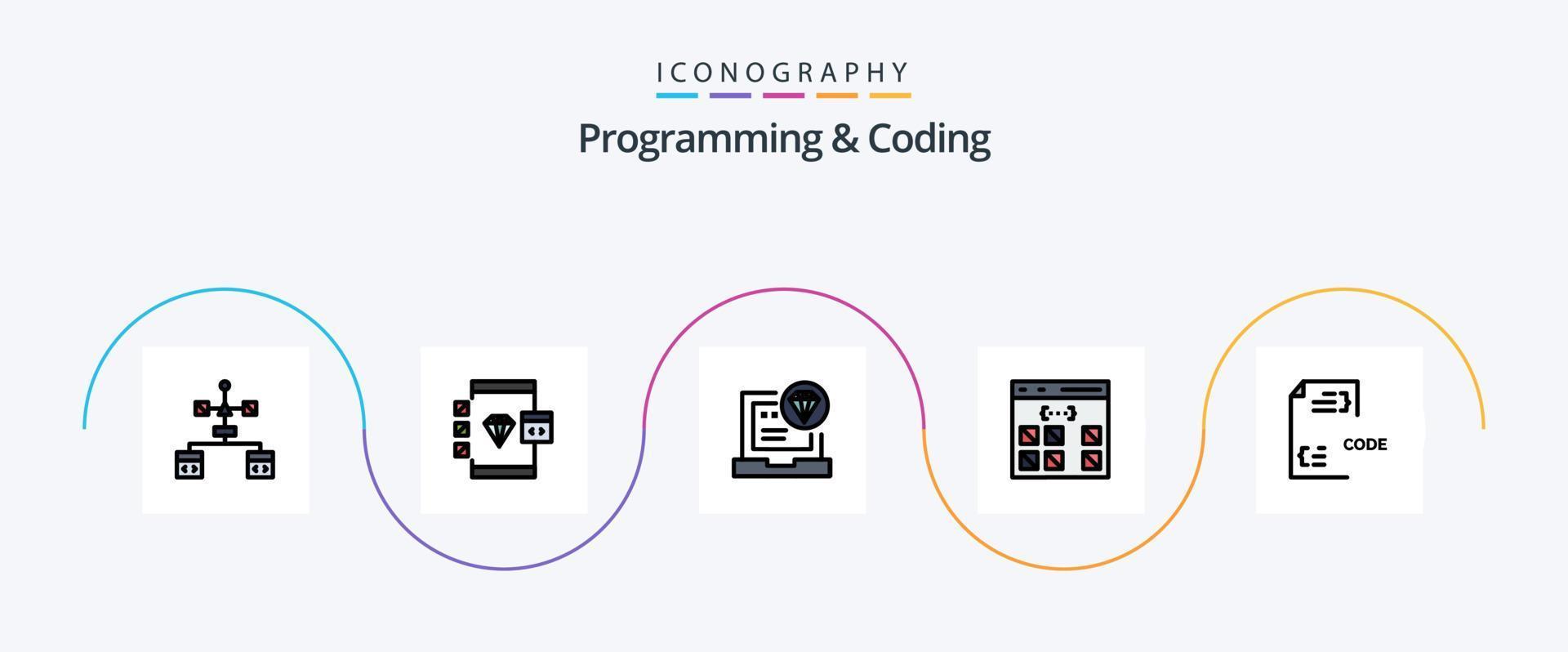 Programming And Coding Line Filled Flat 5 Icon Pack Including develop. code. coding. interface. develop vector