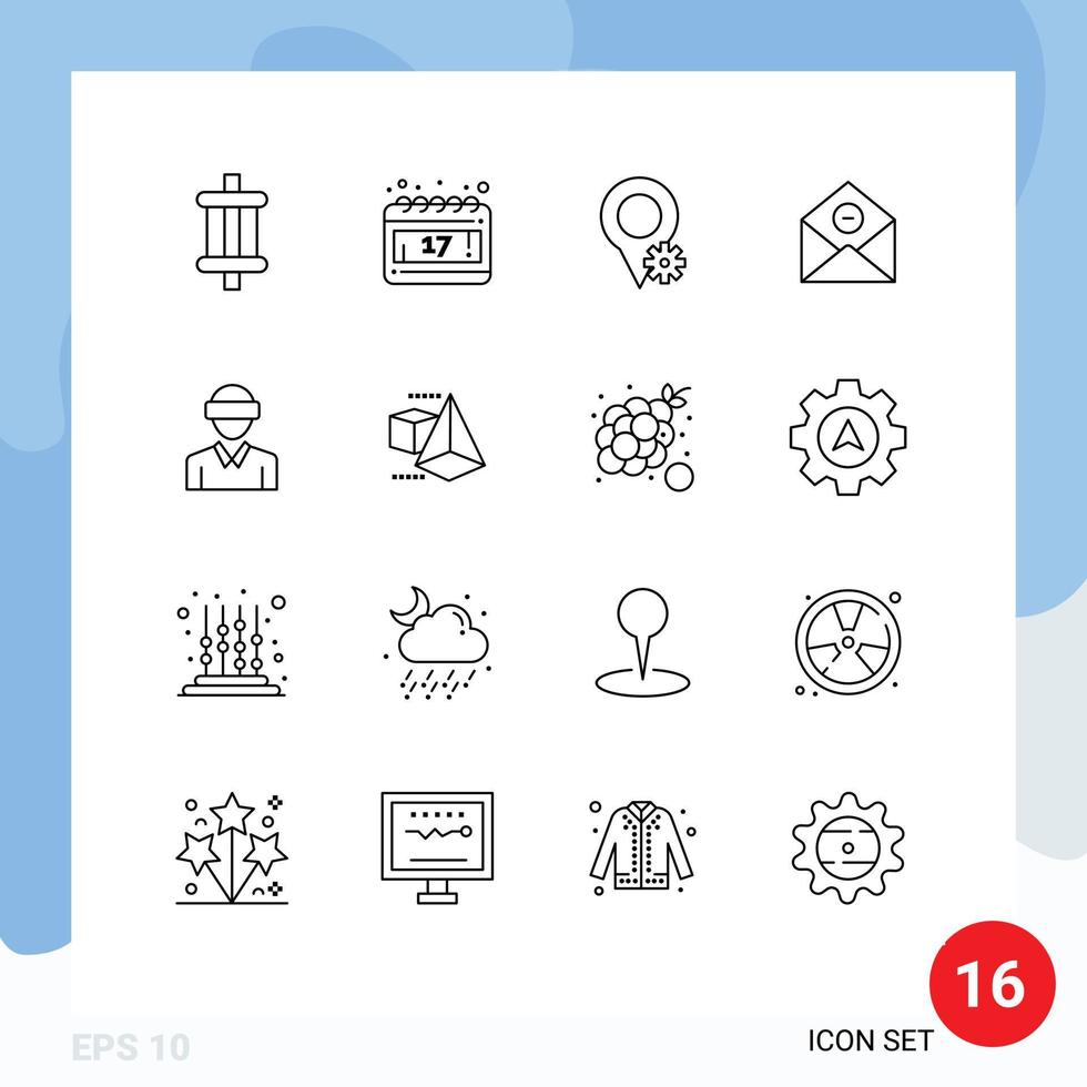 16 User Interface Outline Pack of modern Signs and Symbols of reality glasses map email delete Editable Vector Design Elements
