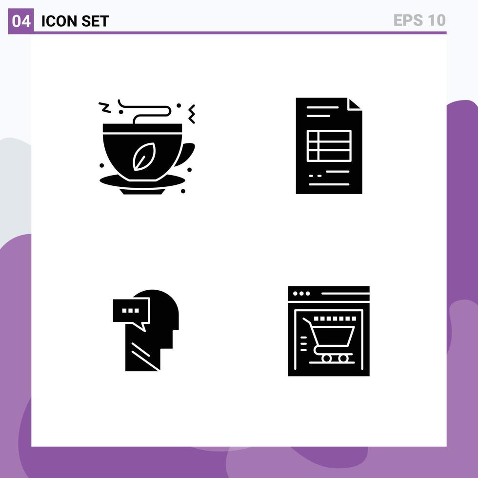 Pack of 4 Modern Solid Glyphs Signs and Symbols for Web Print Media such as tea dialog food business reporting head Editable Vector Design Elements