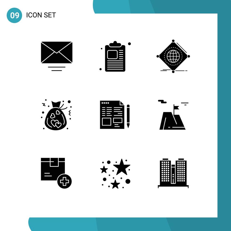 Modern Set of 9 Solid Glyphs and symbols such as pencil file things love charity Editable Vector Design Elements