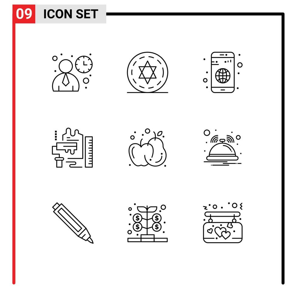 Mobile Interface Outline Set of 9 Pictograms of food scale application brush paint Editable Vector Design Elements