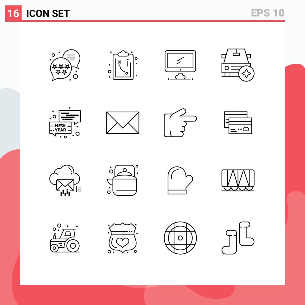 Universal Icon Symbols Group of 16 Modern Outlines of conversation bubble device vehicles important Editable Vector Design Elements