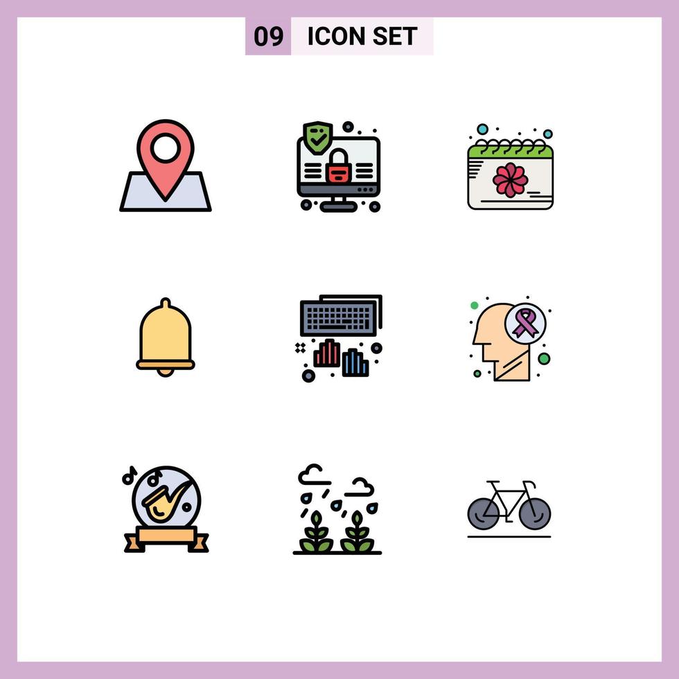 User Interface Pack of 9 Basic Filledline Flat Colors of typing keyboard flower hands notification Editable Vector Design Elements