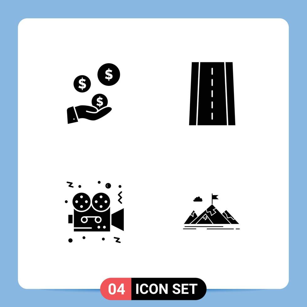 Editable Vector Line Pack of 4 Simple Solid Glyphs of fintech industry video industry sign cinema Editable Vector Design Elements