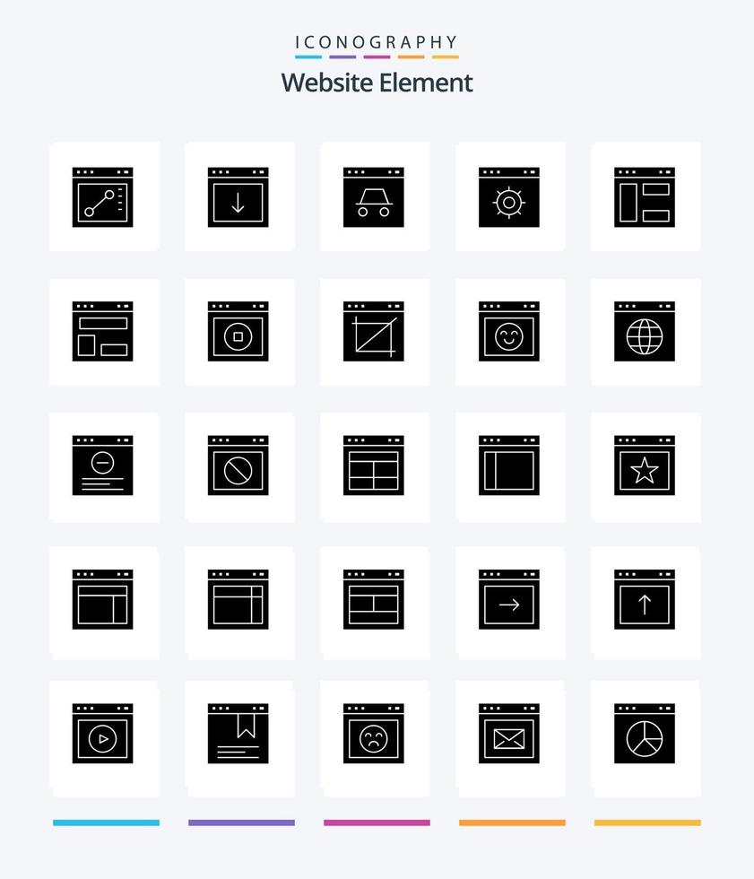 paquete de iconos de negro sólido de 25 glifos de elemento de sitio web creativo, como diseño de blog. Página web. hacker Internet. sitio web vector