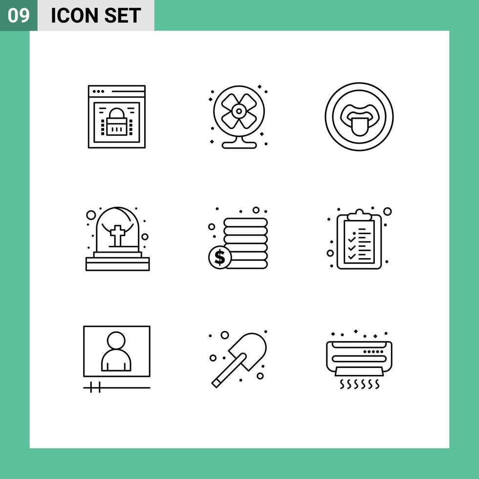 Mobile Interface Outline Set of 9 Pictograms of coins tomb summer grave science Editable Vector Design Elements