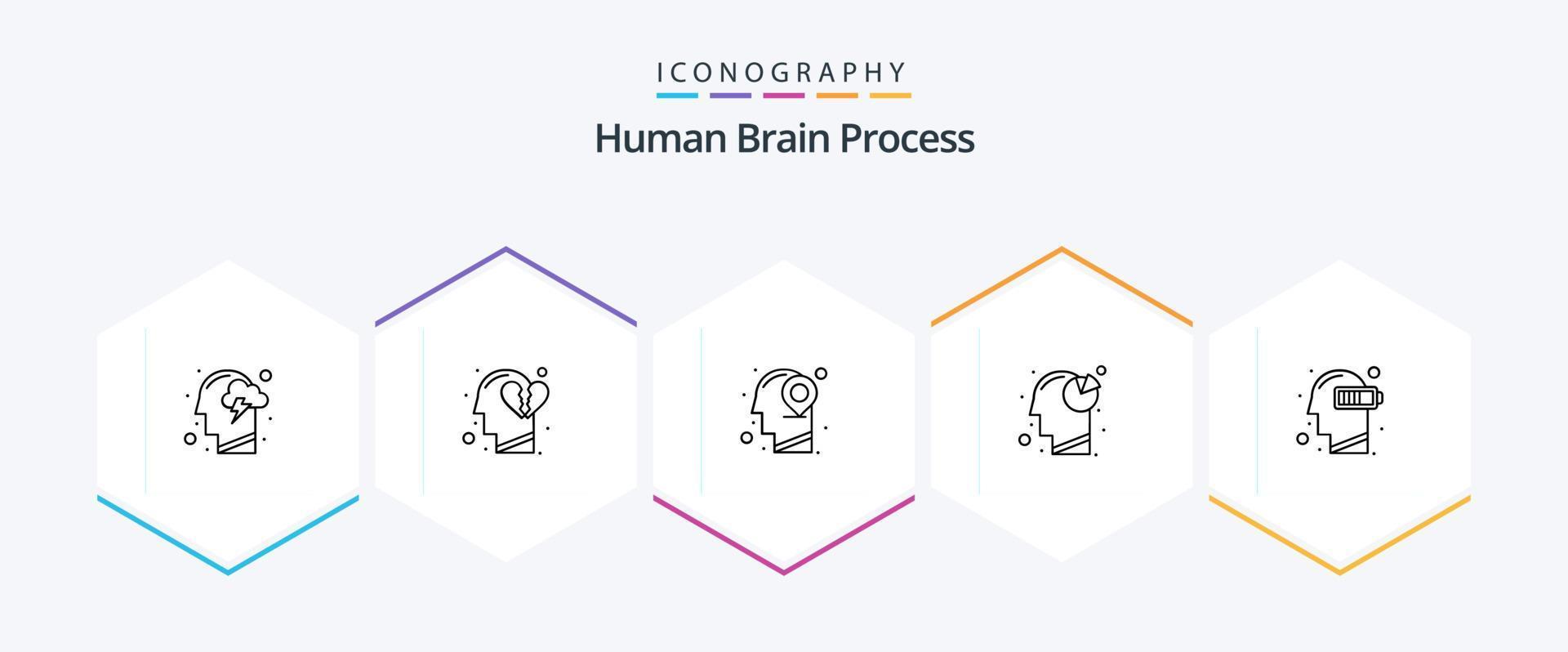 Human Brain Process 25 Line icon pack including battery. head. break heart. graph. mind vector