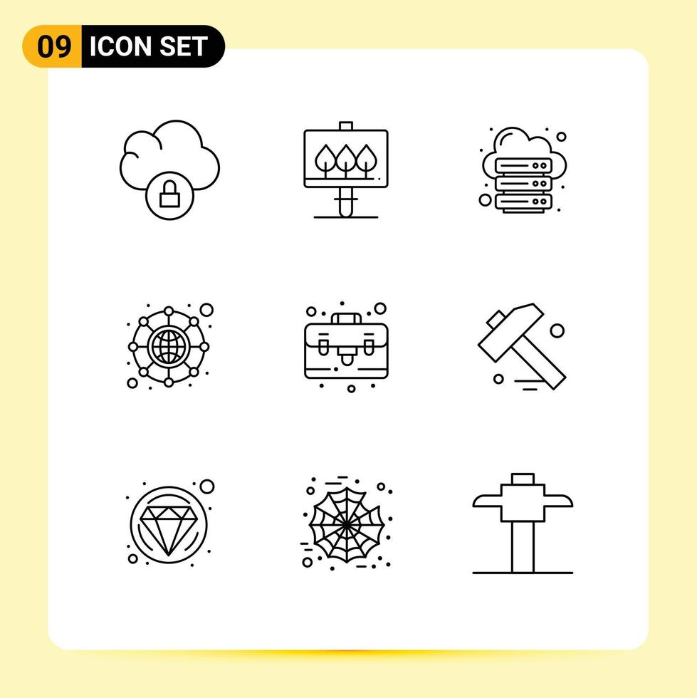 Outline Pack of 9 Universal Symbols of construction briefcase internet bag hierarchy Editable Vector Design Elements