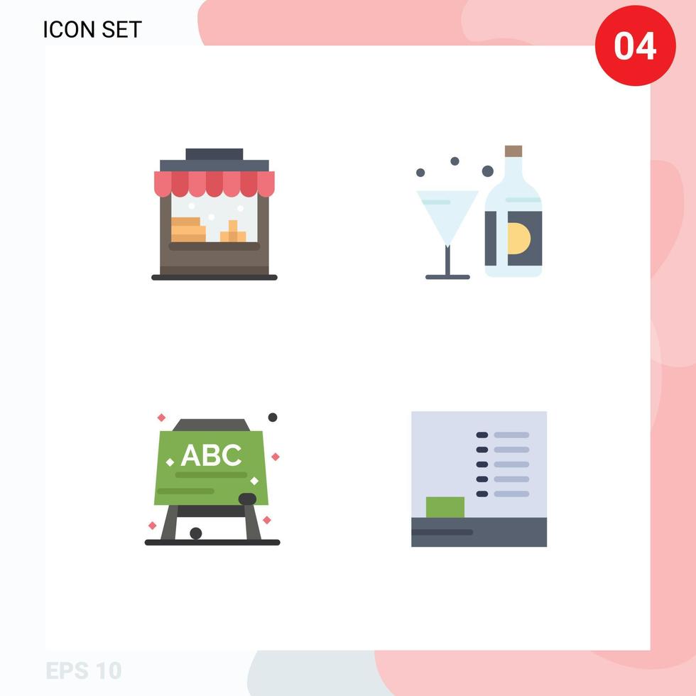 paquete de 4 signos y símbolos de iconos planos modernos para medios de impresión web, como elementos de diseño de vectores editables de pizarra de botella de bebida de educación de tienda