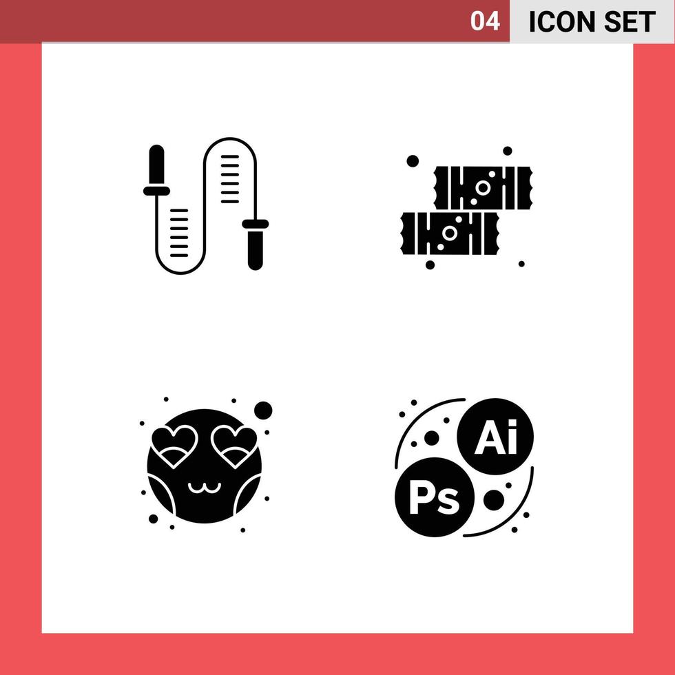 Pack of 4 creative Solid Glyphs of jumping emot skipping dessert love Editable Vector Design Elements