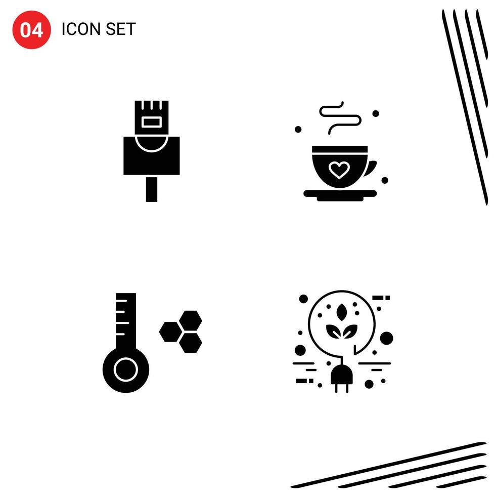 Set of 4 Vector Solid Glyphs on Grid for cable bio dad temperature energy Editable Vector Design Elements