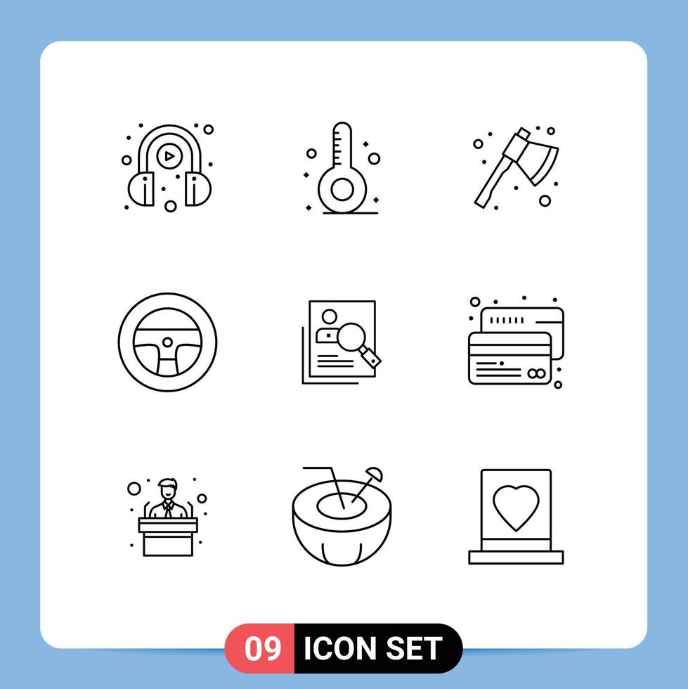 Mobile Interface Outline Set of 9 Pictograms of human employee ax car steering Editable Vector Design Elements