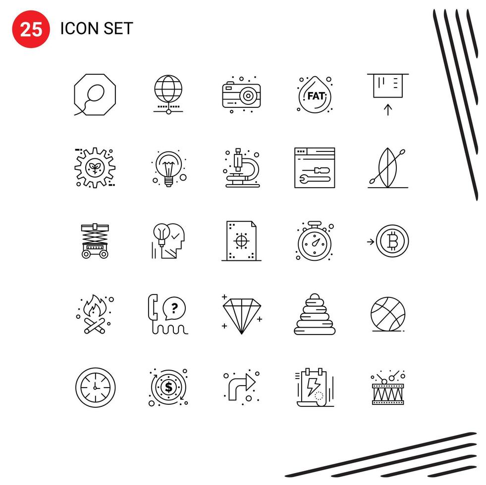 Mobile Interface Line Set of 25 Pictograms of gear eco photography money atm Editable Vector Design Elements