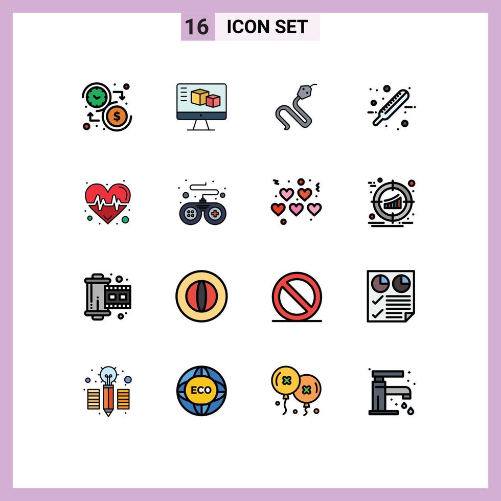 16 Universal Flat Color Filled Lines Set for Web and Mobile Applications pulse hospital computing health king Editable Creative Vector Design Elements