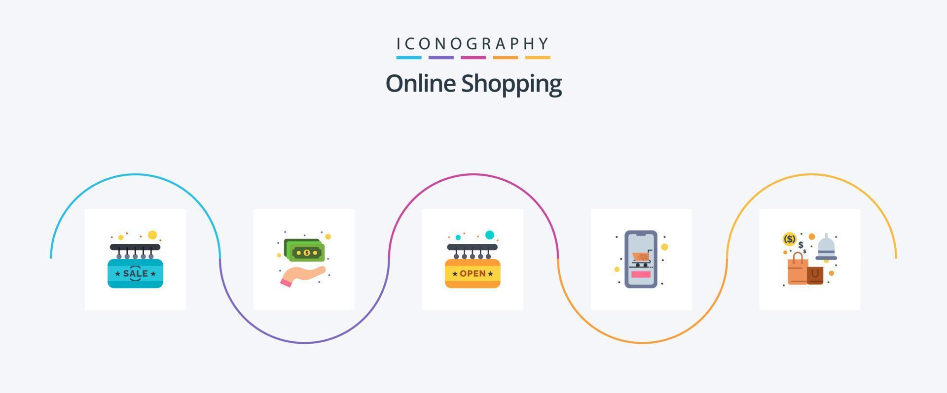 Online Shopping Flat 5 Icon Pack Including alert. shopping. board. mobile. cart vector