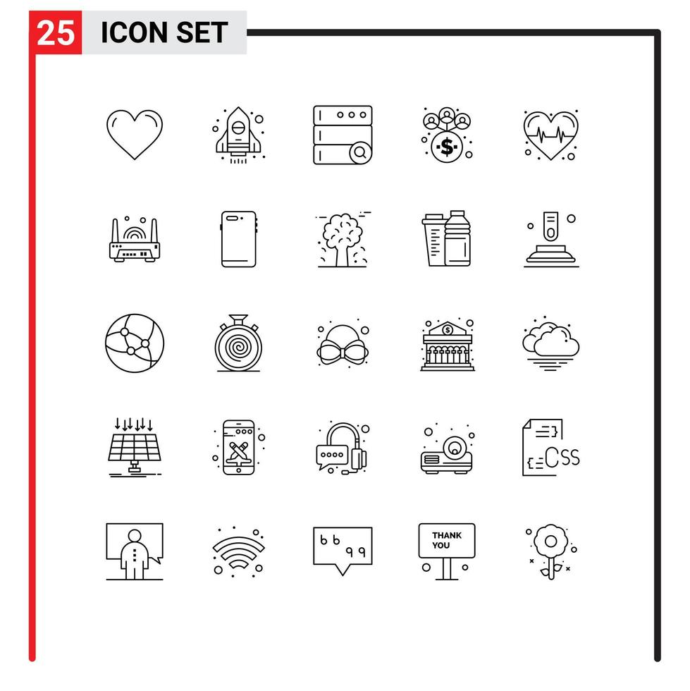 25 Universal Lines Set for Web and Mobile Applications device heart database health management Editable Vector Design Elements