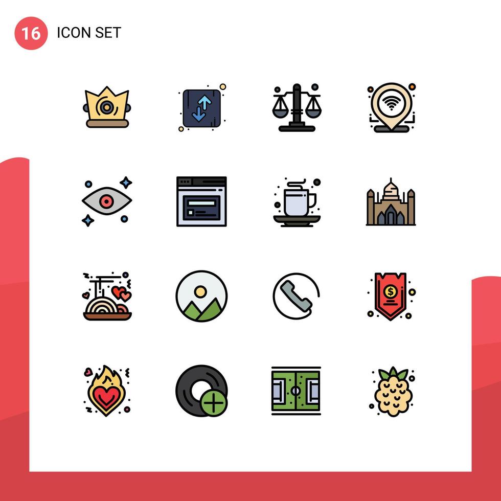 Universal Icon Symbols Group of 16 Modern Flat Color Filled Lines of eyes connection up location check in Editable Creative Vector Design Elements