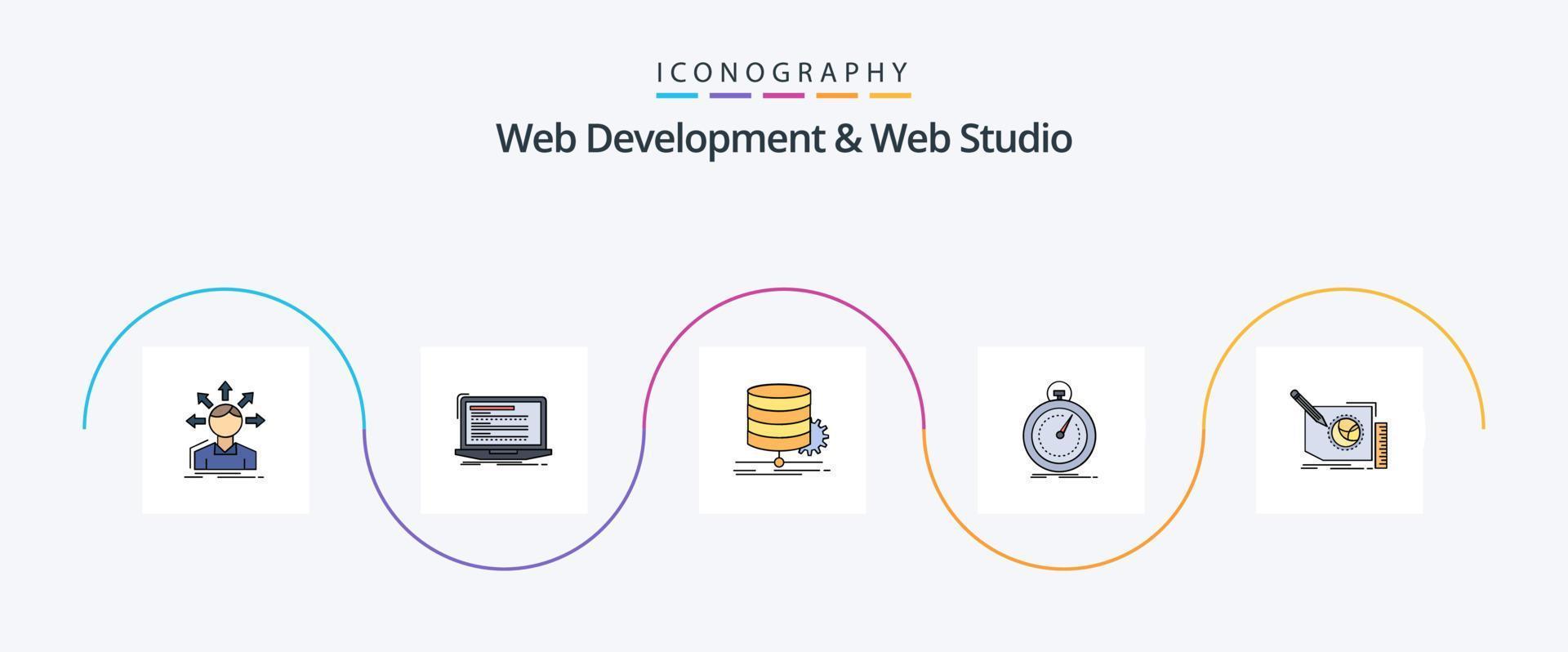 El desarrollo web y la línea de estudio web llenaron el paquete de iconos planos 5 que incluye optimización. hecho. monobloque. fluir. datos vector