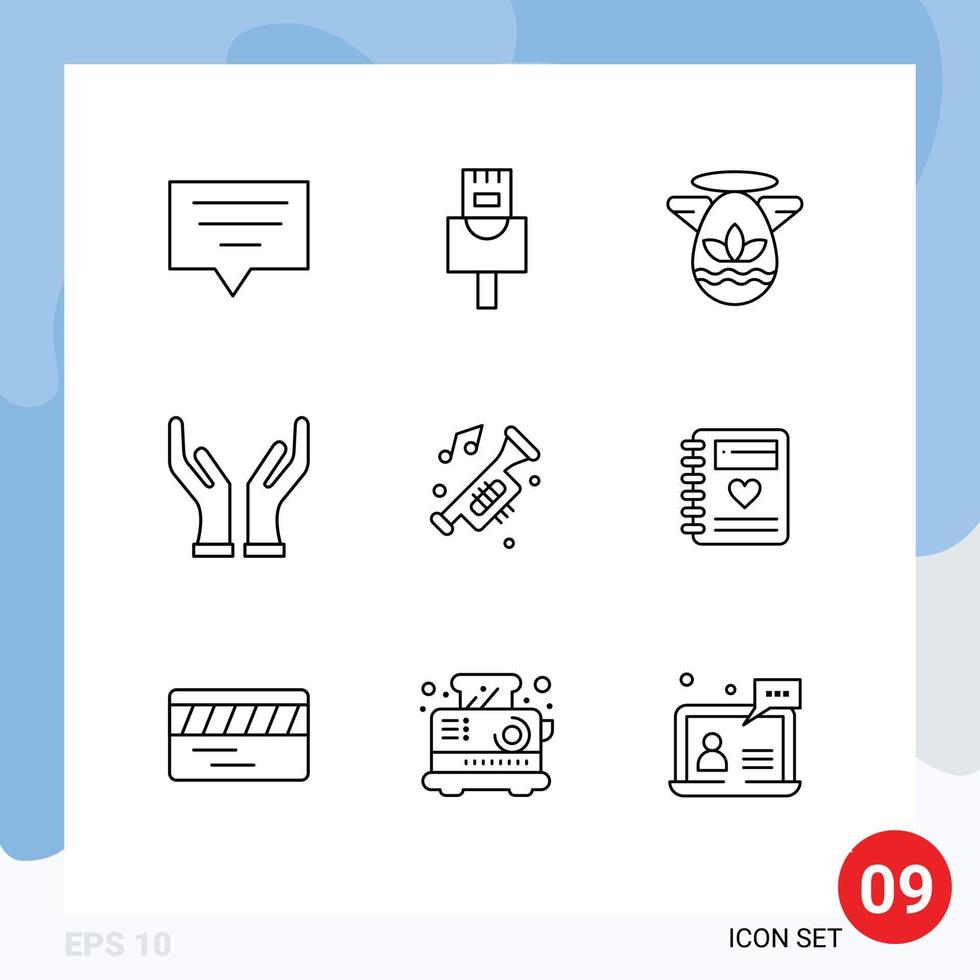 Set of 9 Modern UI Icons Symbols Signs for notebook noise protractor horn accessories Editable Vector Design Elements