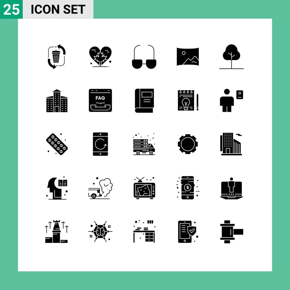 Set of 25 Vector Solid Glyphs on Grid for tree film canada entertaiment view Editable Vector Design Elements