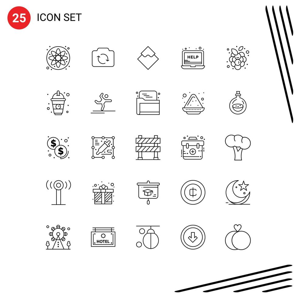 Line Pack of 25 Universal Symbols of grapes support coin service help Editable Vector Design Elements