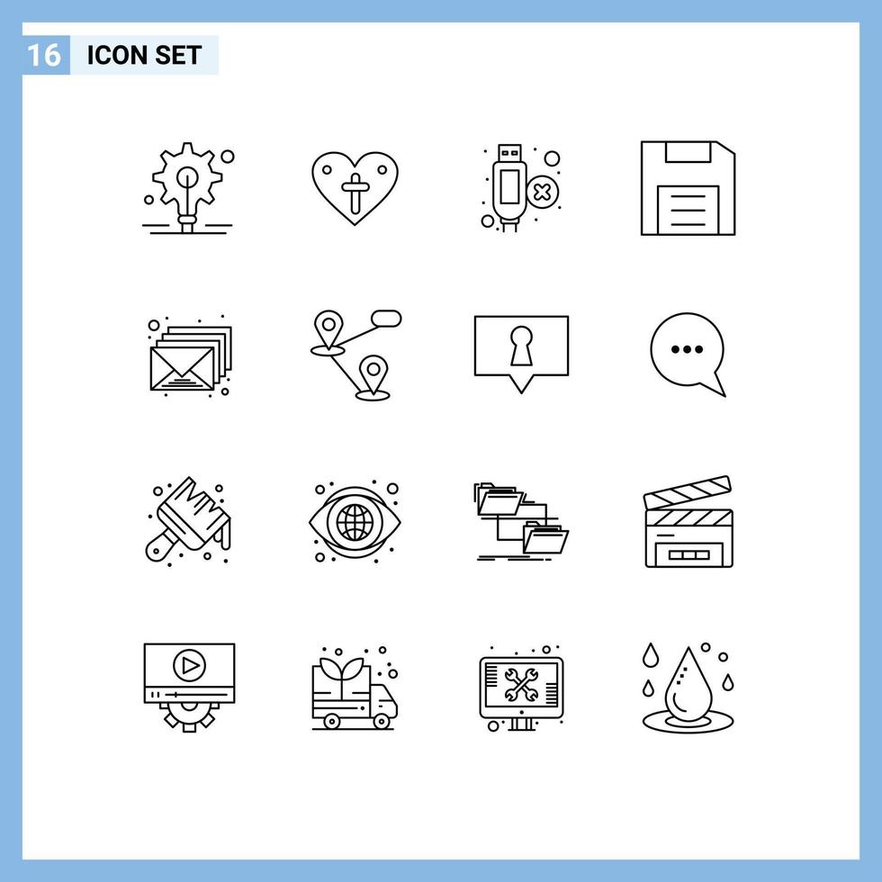 User Interface Pack of 16 Basic Outlines of mail email extension gadget disc Editable Vector Design Elements