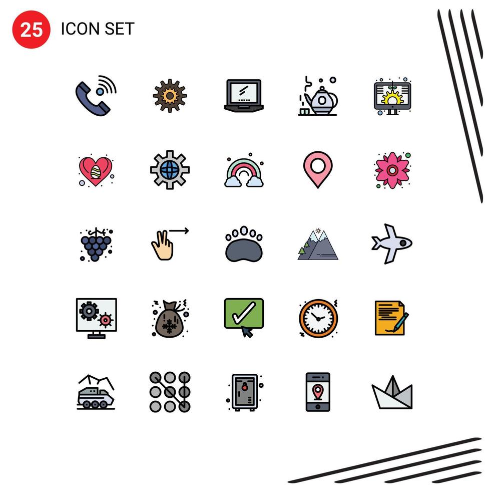 25 Universal Filled line Flat Color Signs Symbols of tea imac production device computer Editable Vector Design Elements