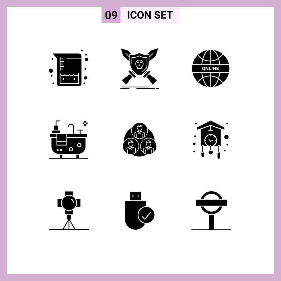 Editable Vector Line Pack of 9 Simple Solid Glyphs of clone staff global hub bathroom Editable Vector Design Elements