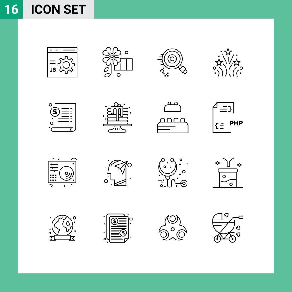 Group of 16 Outlines Signs and Symbols for document love content firework property Editable Vector Design Elements