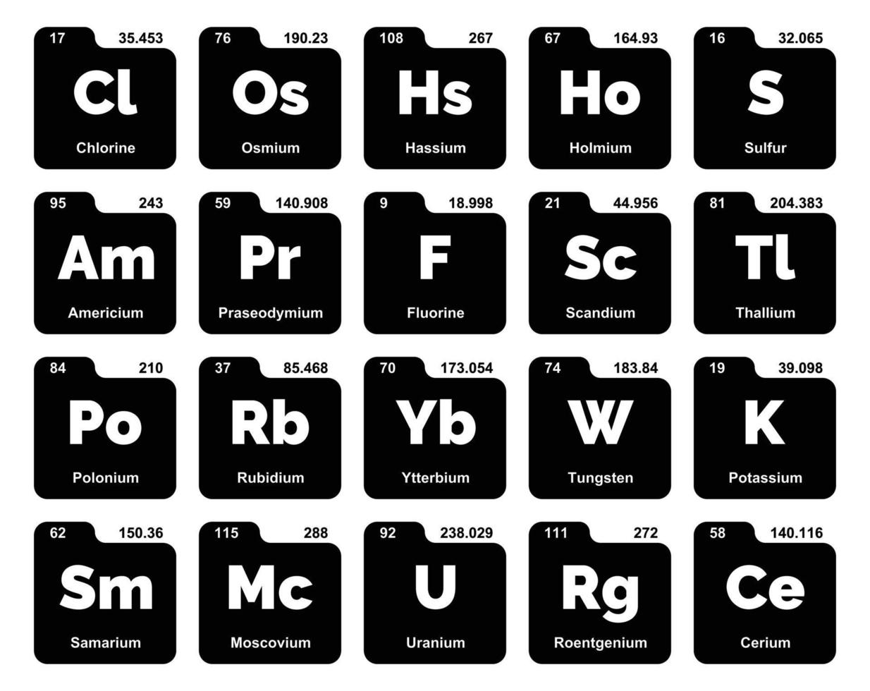 diseño de paquete de iconos de 20 tablas preiodicas de los elementos vector