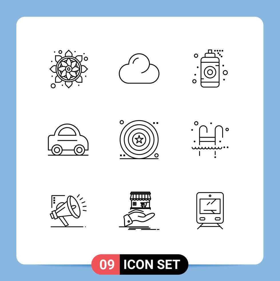 Mobile Interface Outline Set of 9 Pictograms of shield day graphic celebration vehicle Editable Vector Design Elements