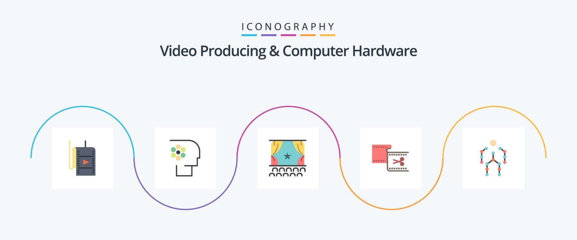 paquete de iconos flat 5 de producción de video y hardware de computadora que incluye edición. cortar. personal. acortar. actuación vector