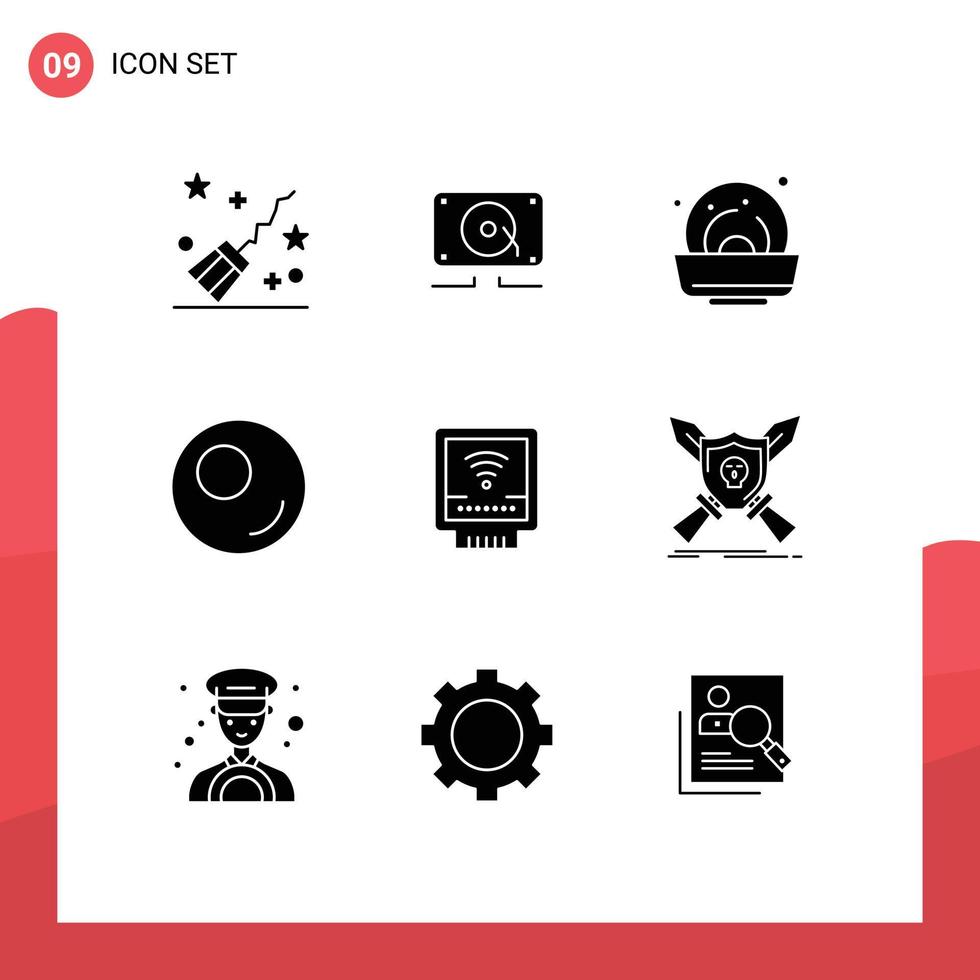 9 Thematic Vector Solid Glyphs and Editable Symbols of badge plumber mussel mechanical sport Editable Vector Design Elements