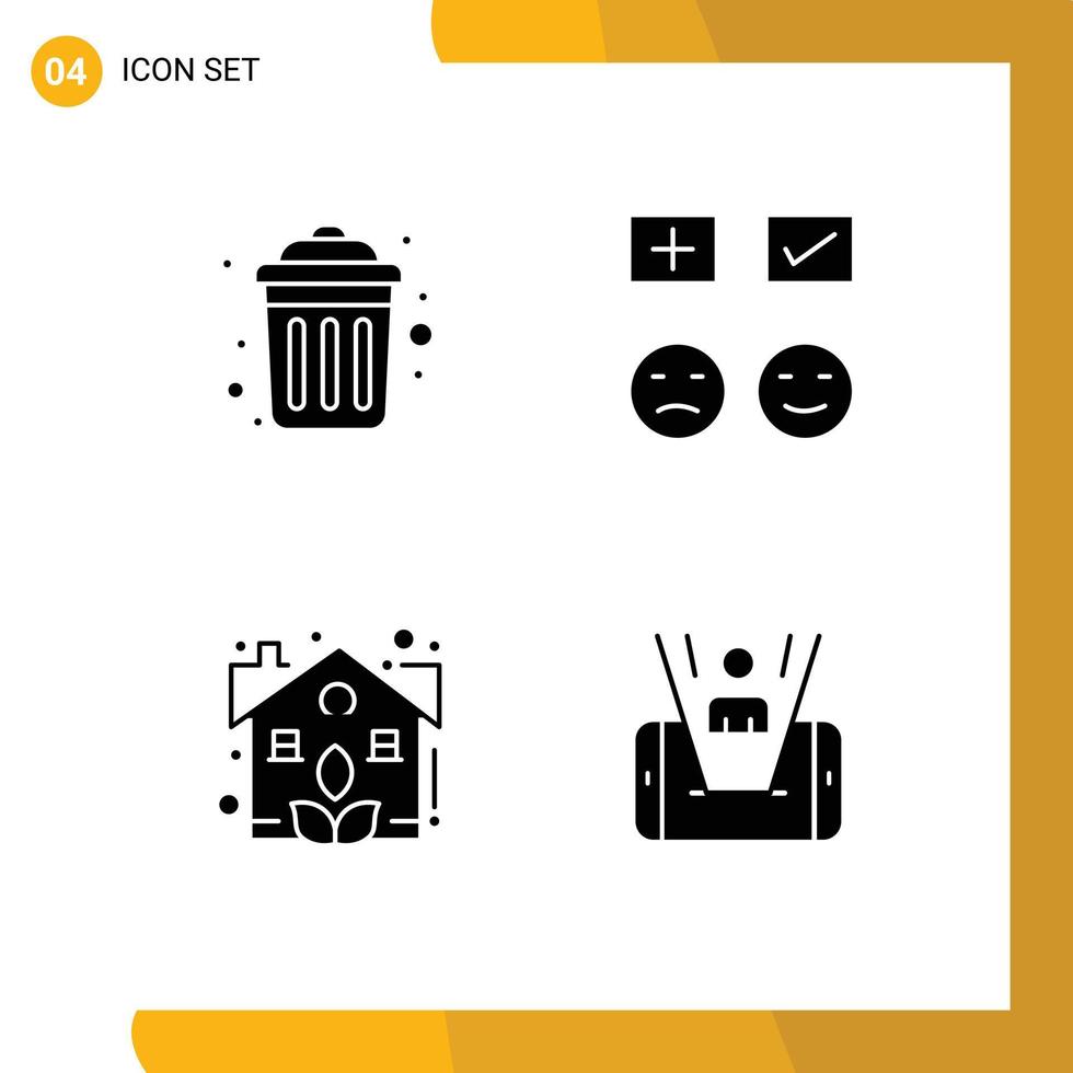 Group of 4 Solid Glyphs Signs and Symbols for dustbin estate recycle sad plant Editable Vector Design Elements