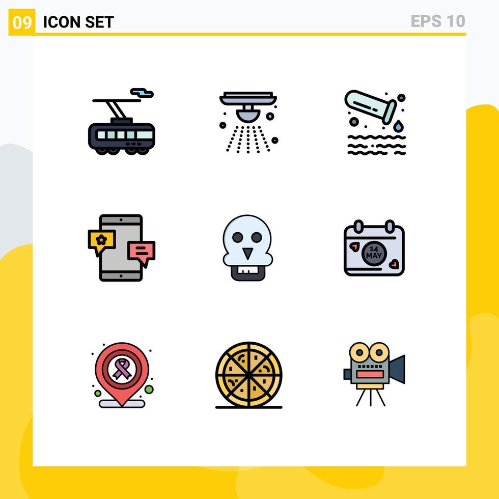 Pack of 9 Modern Filledline Flat Colors Signs and Symbols for Web Print Media such as skull network gas media chat Editable Vector Design Elements