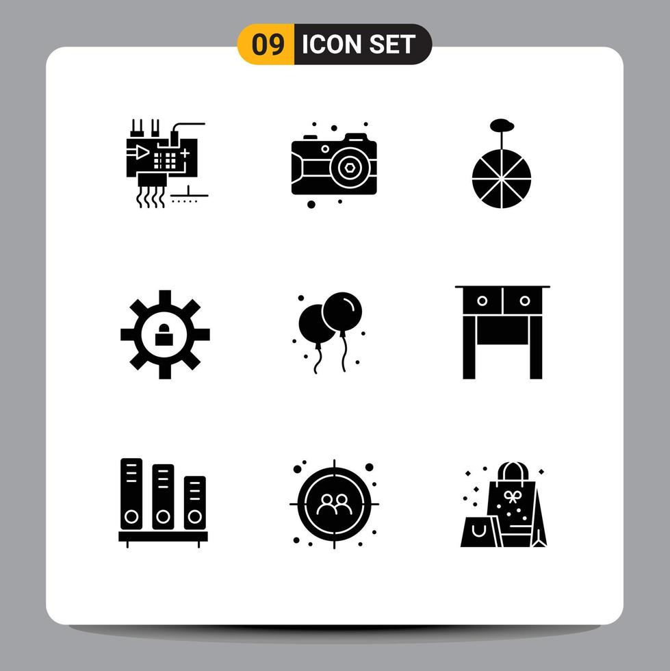 Modern Set of 9 Solid Glyphs Pictograph of fly support camera lock gear Editable Vector Design Elements